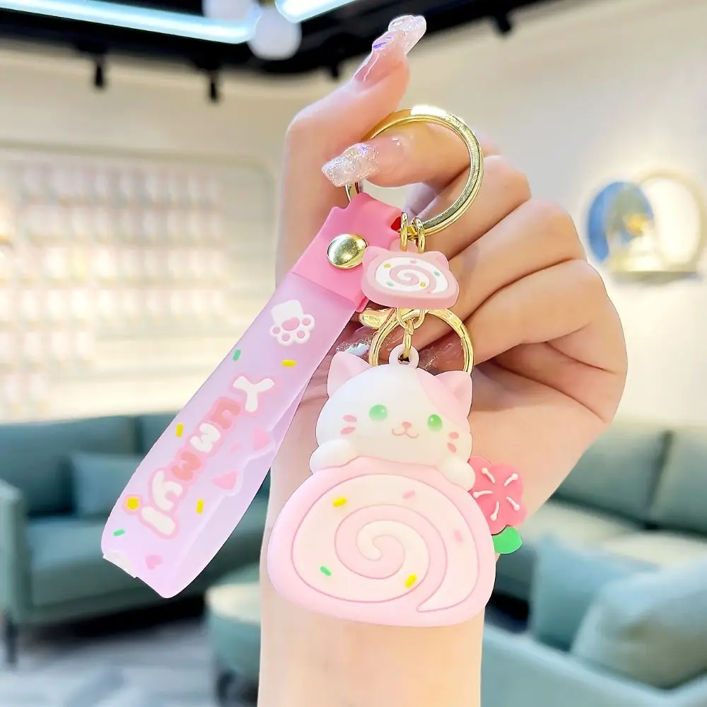 Cute Cat Egg Roll Key Chain Kawaii Kitty Cake Doll School Bag Accessories Keyring Cartoon Pendant Keyfob for Couple Jewelry Gift