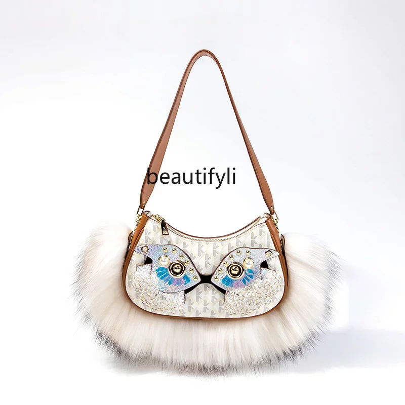 

yj Furry Owl Eyes Single-Sided Face Changing Underarm Bag Cowhide Crescent Bag