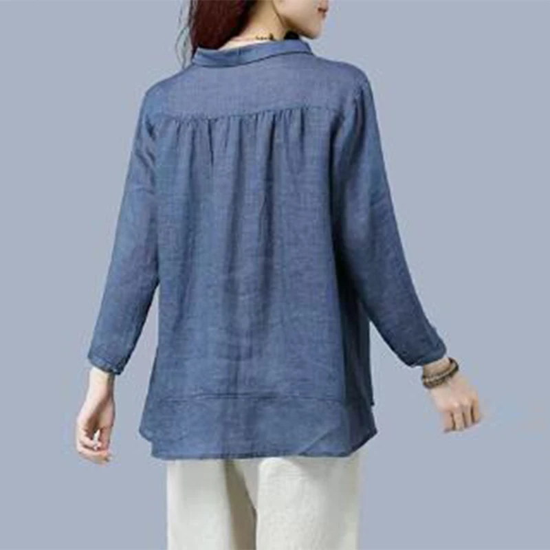 Spring Autumn Vintage Cotton Linen Cardigan Shirt Ladies Elegant Long Sleeve Buttons Top Women Comfortable Loose Casual Blouse