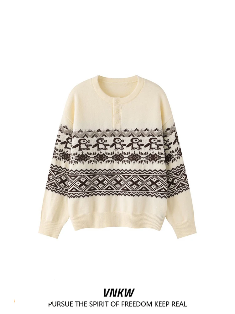 

Вязаный свитер в стиле ретро «Американский пингвин Ярмарка острова», круглый свободный повседневный мужской зимний свитер, модный городской ...