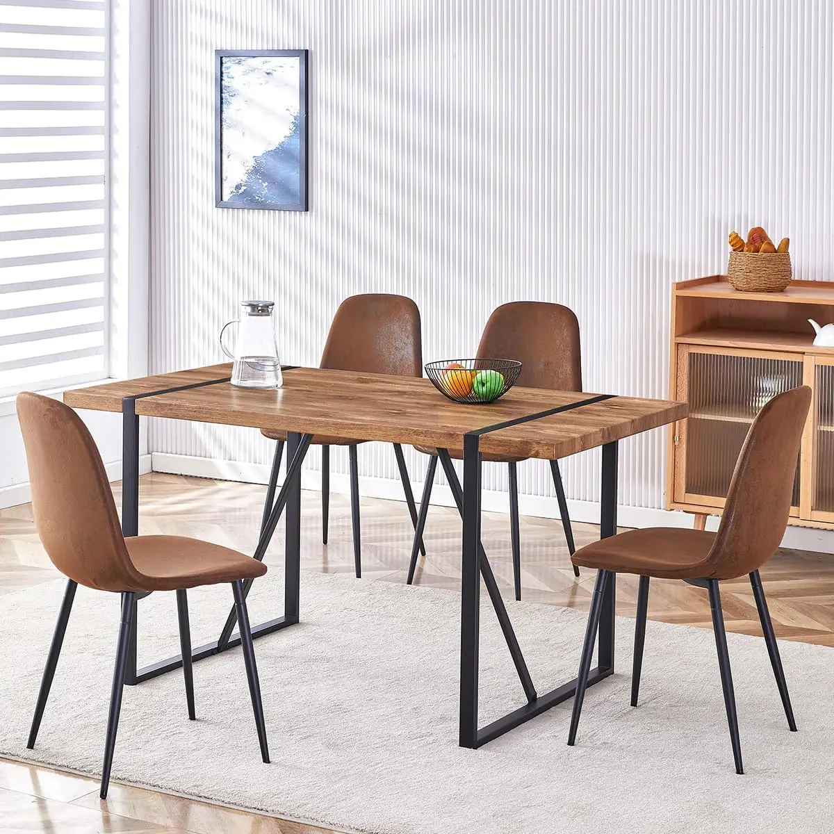 Dining Table Set for 4, 55' Kitchen Table with 4 Suede Chairs, 5-Piece Set