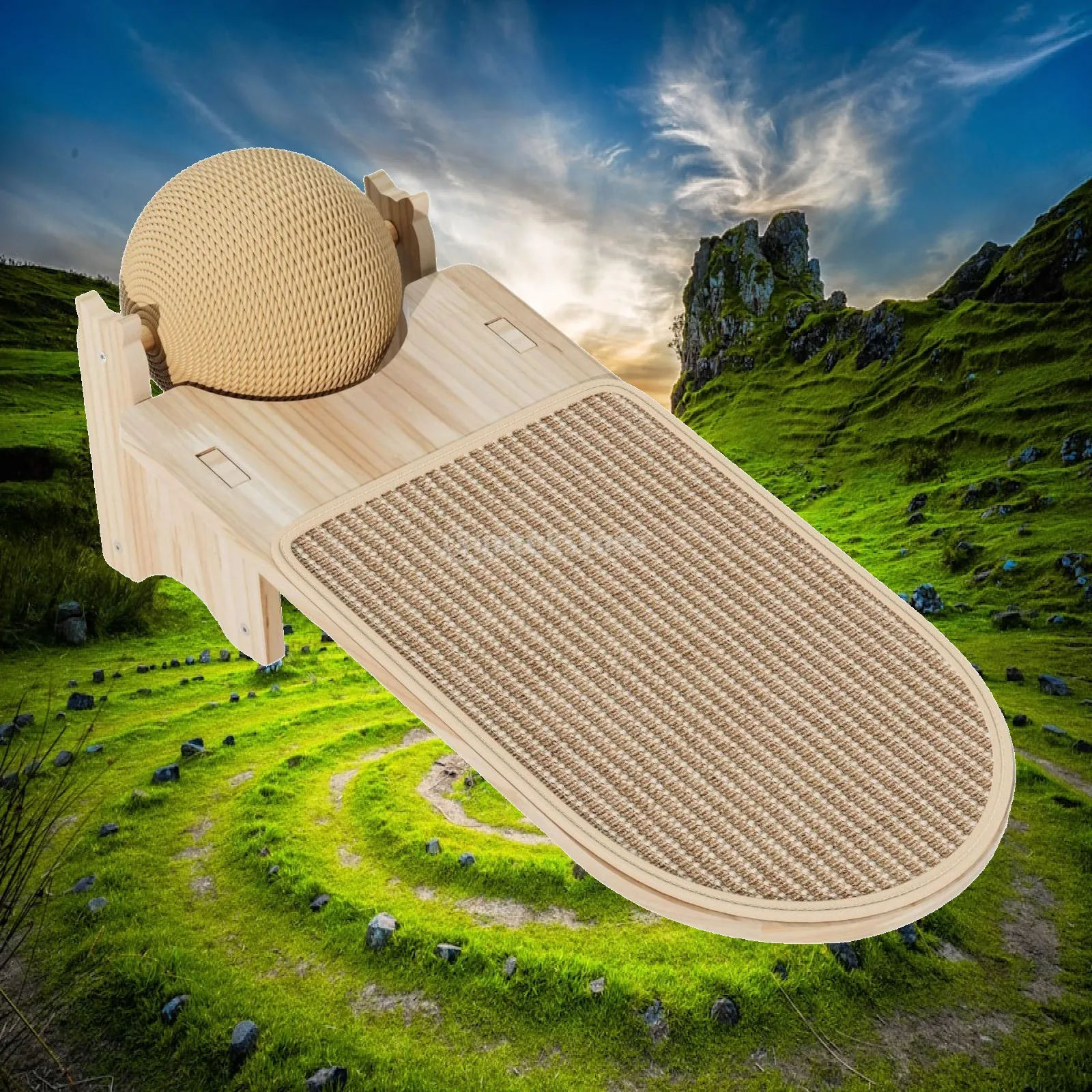 Cat Scratching Bed with Sisal Ball and Jute Board for Indoor Cats Wood Ramp Lounge Pad Furniture Protector for Kitty