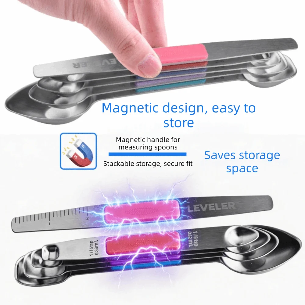 5PCS/SET Stainless Steel Magnetic Measuring Spoon Dual Head with Leveler Seasoning Spoon Graduated Markings Non-slip Design