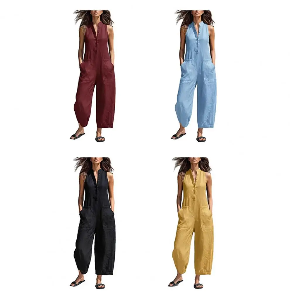 

Women's Casual Vest With Pocket One-piece Pants Summer New Buttoned Stand-up Collar Loose Wide-leg One-piece Long Pants Female
