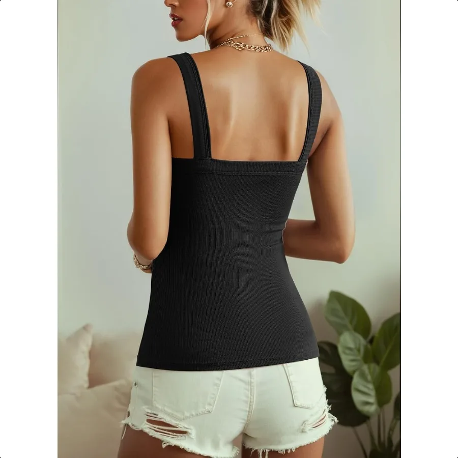 여성용 나인티 탱크탑, 브라 내장형 골지 슬림핏 탱크탑, 여름 스쿱넥 캐주얼 캐미솔, 베이직 캐미