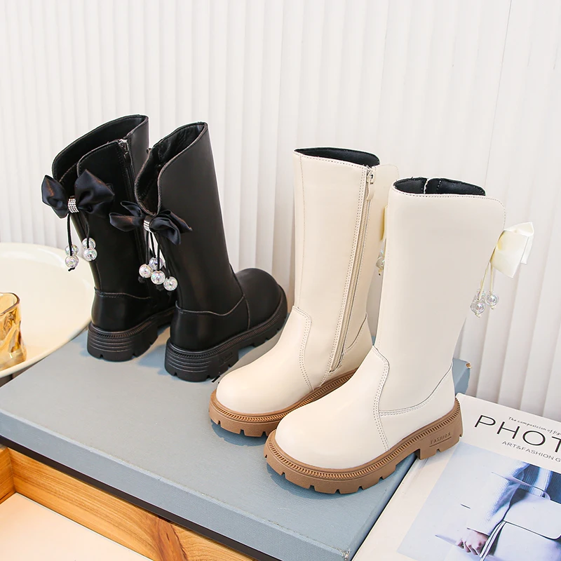 Kids Girls High‑Top Princess Boots Bow Crystal Ornament Side Zipper Thick Sole Non‑Slip Winter Tall Boots