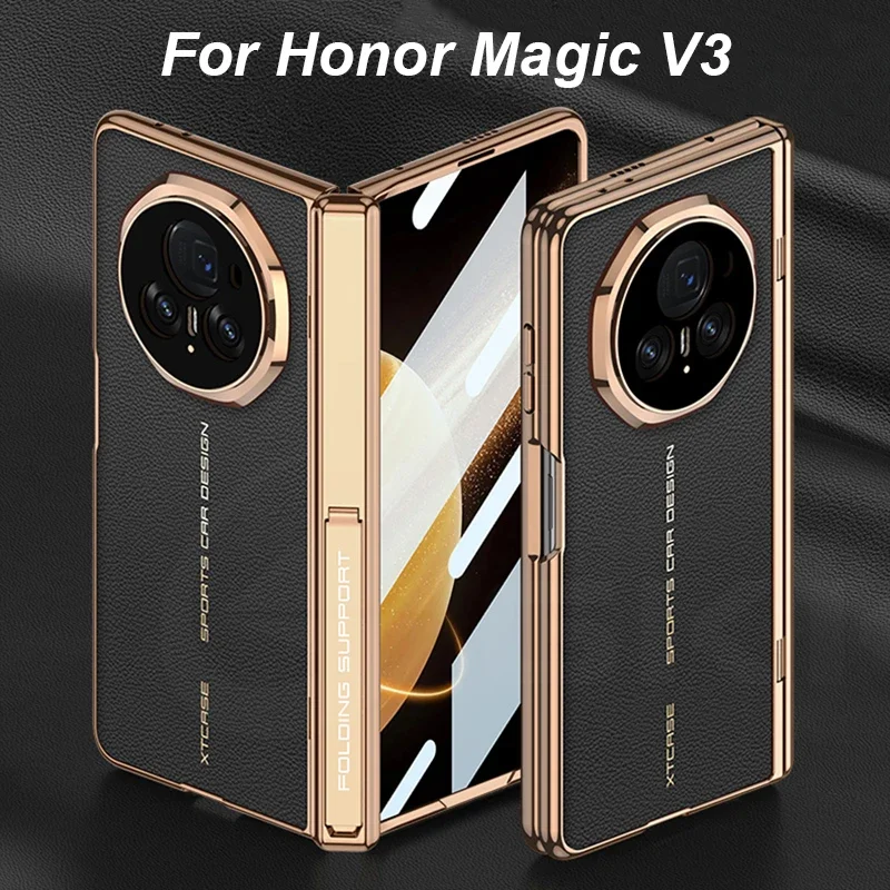 

Luxury Plating Leather Screen Glass Case For Honor Magic V3 Magnetic Hinge Bracket Plastic Frame Cover For Honor Magic V3 Case