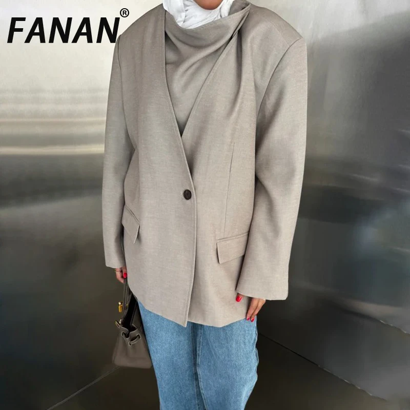 

FANAN Fashion Irregular Collar Design Blazers Women's Single Button Long Sleeve French Style Jackets Female Coat 2025 Autumn New