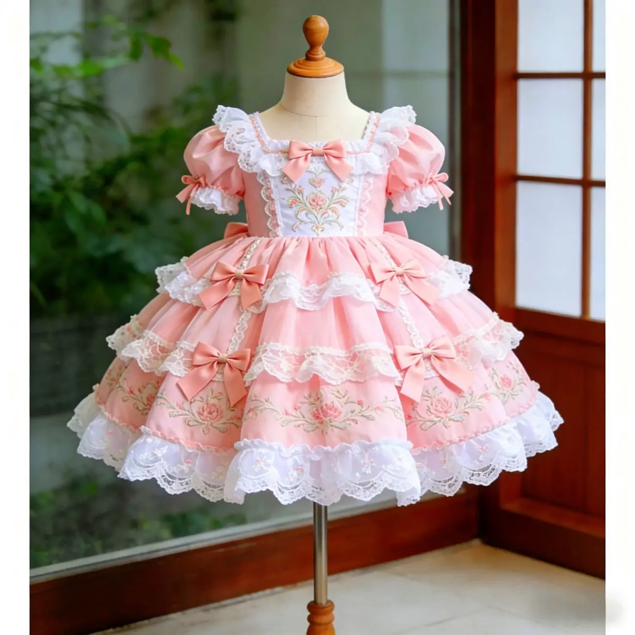 Children's Summer New Lace Puff Dress Baby Lolita Stylish Cute Bow Princess Dress