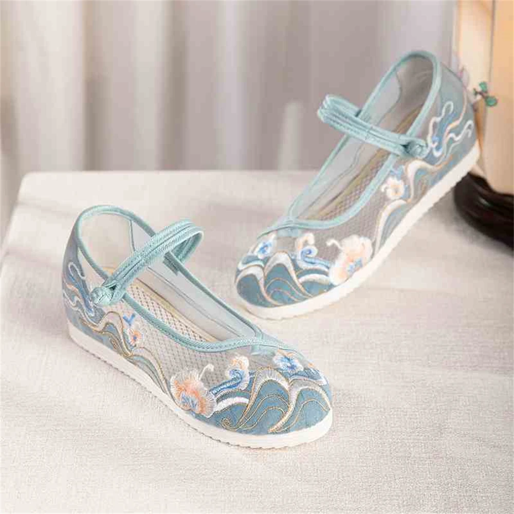 Summer Breathable Mesh Ancient Style Hanfu Single Shoes Women Wedge-heeled Soft-soled Cloth Shoe Chinese Retro Embroidery Sandal