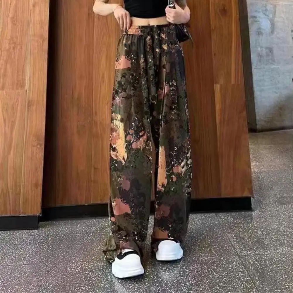 Versatile Wide-leg Trousers Stylish Women's Wide Leg Lounge Pants with Elastic Waist Adjustable Tie Camouflage for Summer