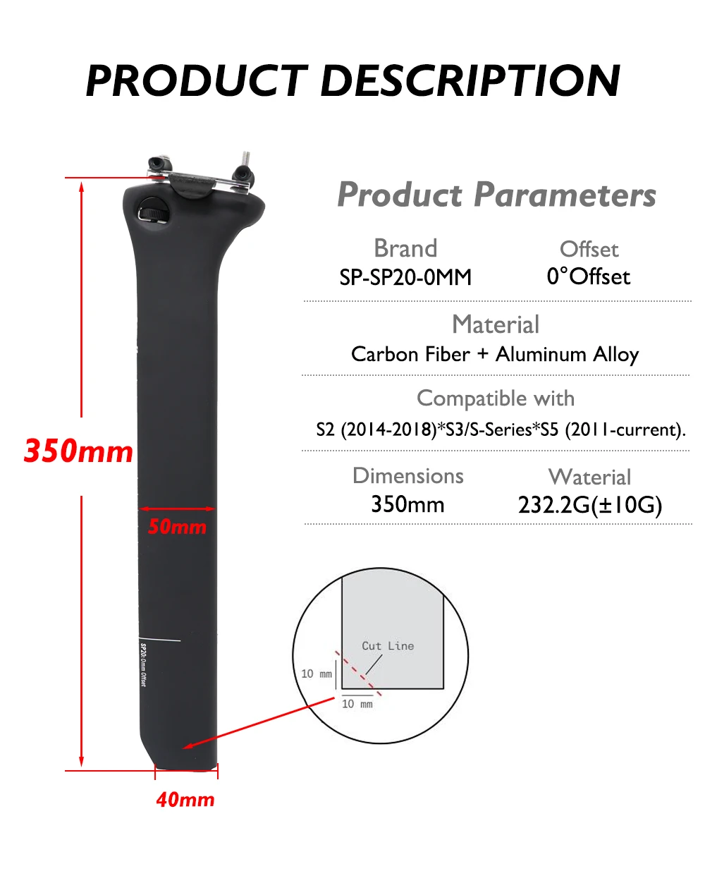 SP20 Carbon Seatpost 350mm 0 Offset Aero Bike Seat Post for S2 S3 S5 S-Series Fits 52x10mm Clamp