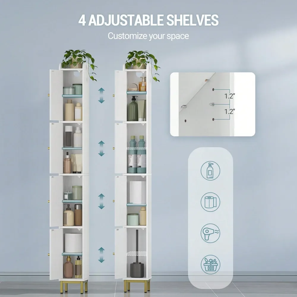 4Tier Narrow Tall Storage Cabinet, Slim Bathroom Storage Cabinet With 4 Adjustable Feet And Shelves, Bathroom Organization For