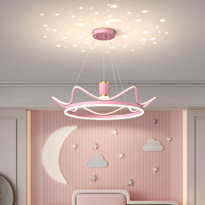 

Simple Modern Children's Room Chandeliers LED Starry Sky Projection Crown Lamp Princess Room Boys Girls Bedroom Decor Chandelier