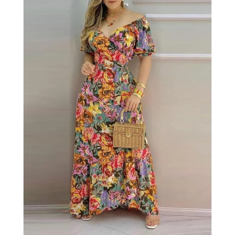 2024 Spring Summer New Women\'s Short Sleeve Printed V-neck Waist-Controlled Lace-up Dress Long Dress Floral Flower Printed