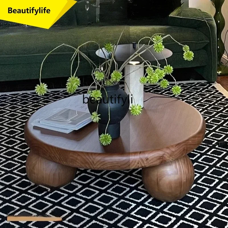 Q181 Medieval retro solid wood round coffee table wabi sand wind living room household round, art spherical coffee table