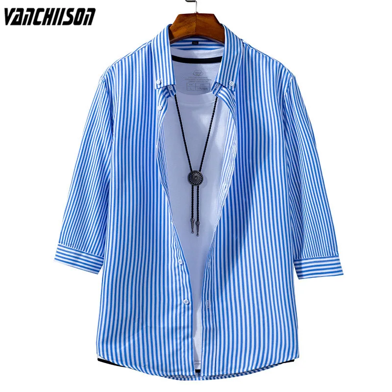 

Young Men Casual Shirt Stripes Blue for Summer 3/4 Sleeve Korean Style 100% Polyester Male Fashion Clothing 00522