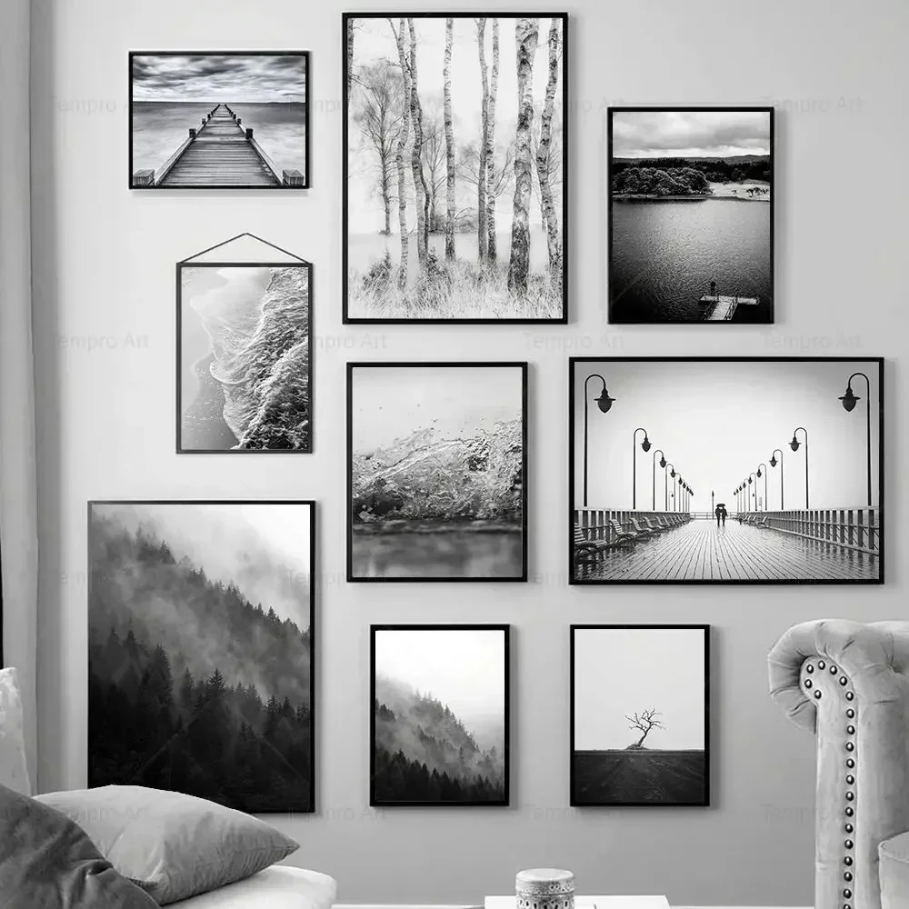 Schwarz-Weiß Schnee Baum Wald Welle Brücke Landschaft Leinwand Gemälde Poster Drucke Nordische Wandkunst Bilder Wohnzimmer Heim Deko