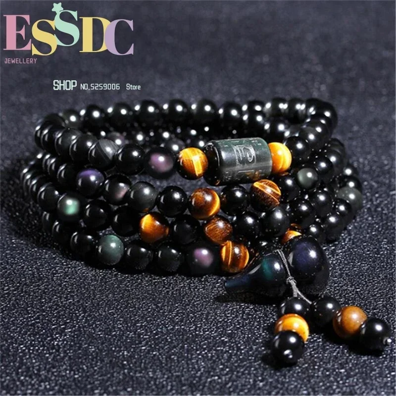 New Design Natural Rainbow Eye Obsidian Six Words 108 Beads Bracelet Gourd Pendant Mala for Men Women Yoga Necklace Wholesale