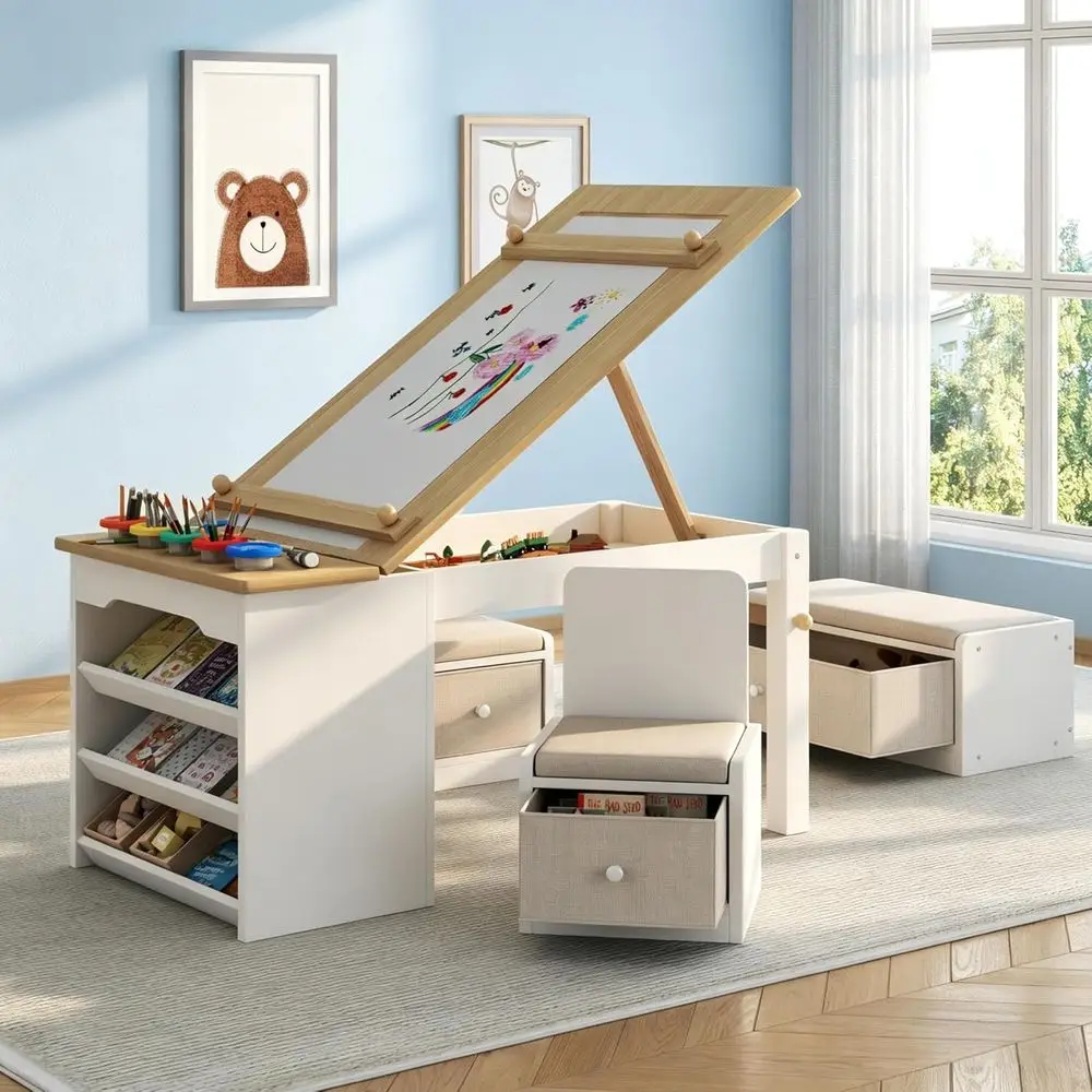 Natural Toddler Art Table and Chairs Set with Storage, Easel, Shelves, and Art Supplies