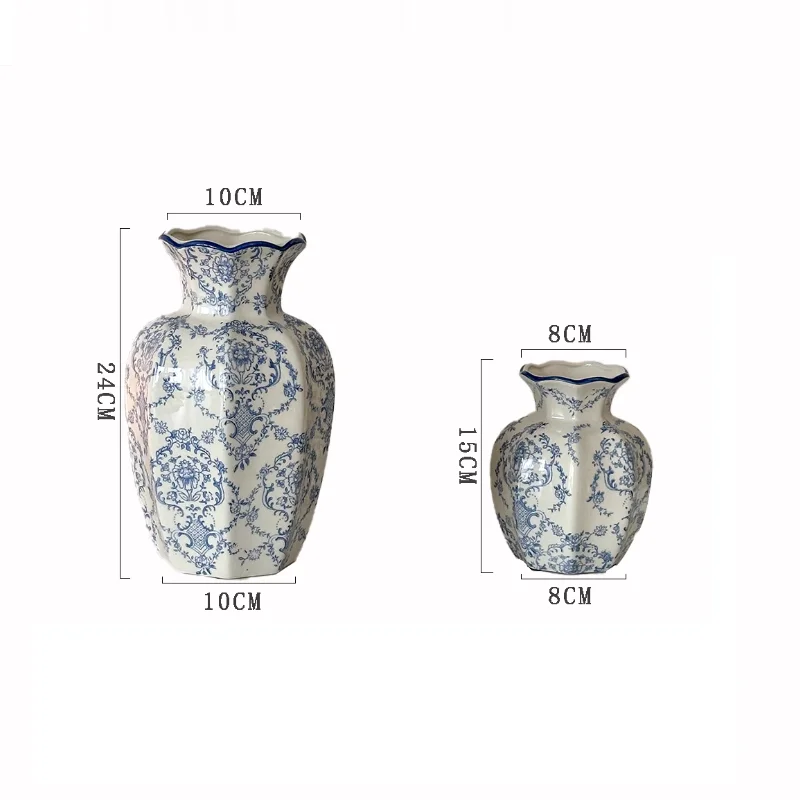 New Chinese style high-end tabletop ornaments, foyer decoration, blue and white ceramic vases, simulated flowers, gifts, living