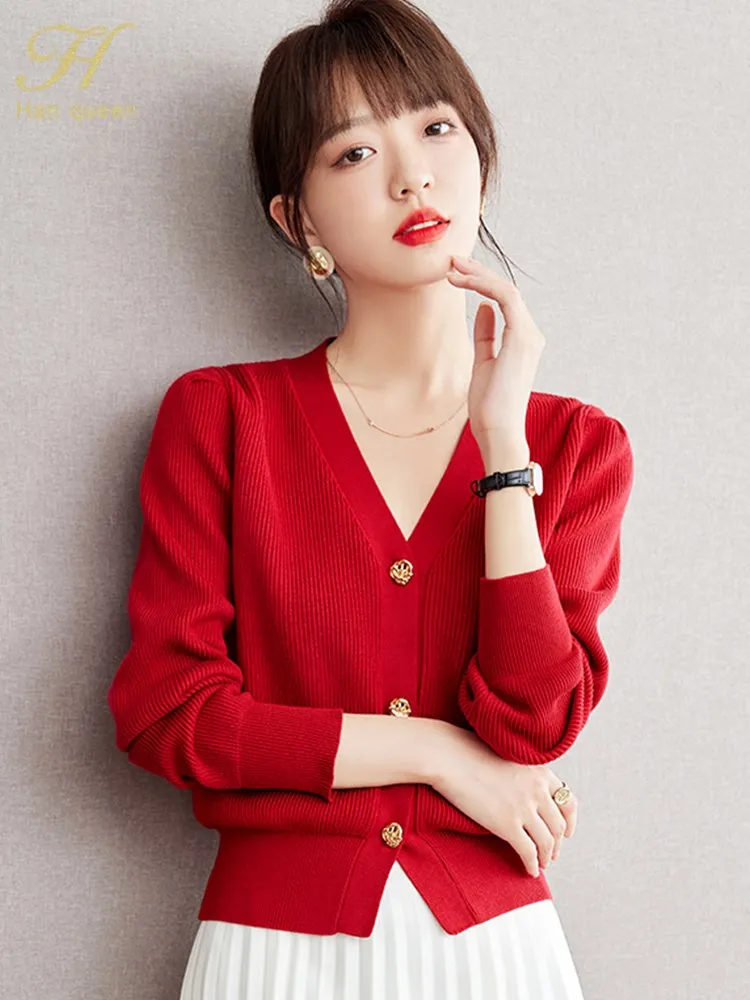 H Han Queen 2024 Autumn Winter Korean V-Neck Red Knitted Cardigan Sweater Women Casual Basic Long Sleeve Cardigans Vintage Tops