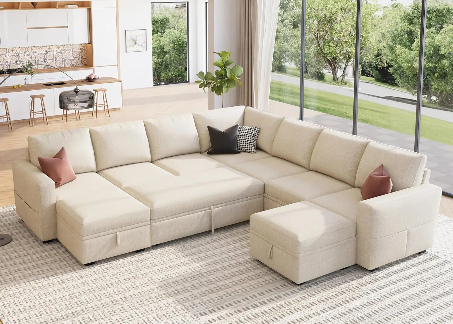 Modular Sectional Sleeper Sofa With Pull Out Bed, Oversized U Shaped Storage Couch For Living Room, Customized
