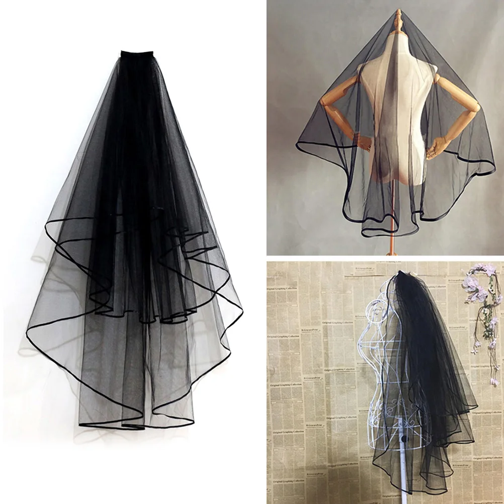 

Vintage Black Wedding Veil Fabric Tulle Lace Bridal Headpiece For Bride Photo Prop Retro Wedding Accessory