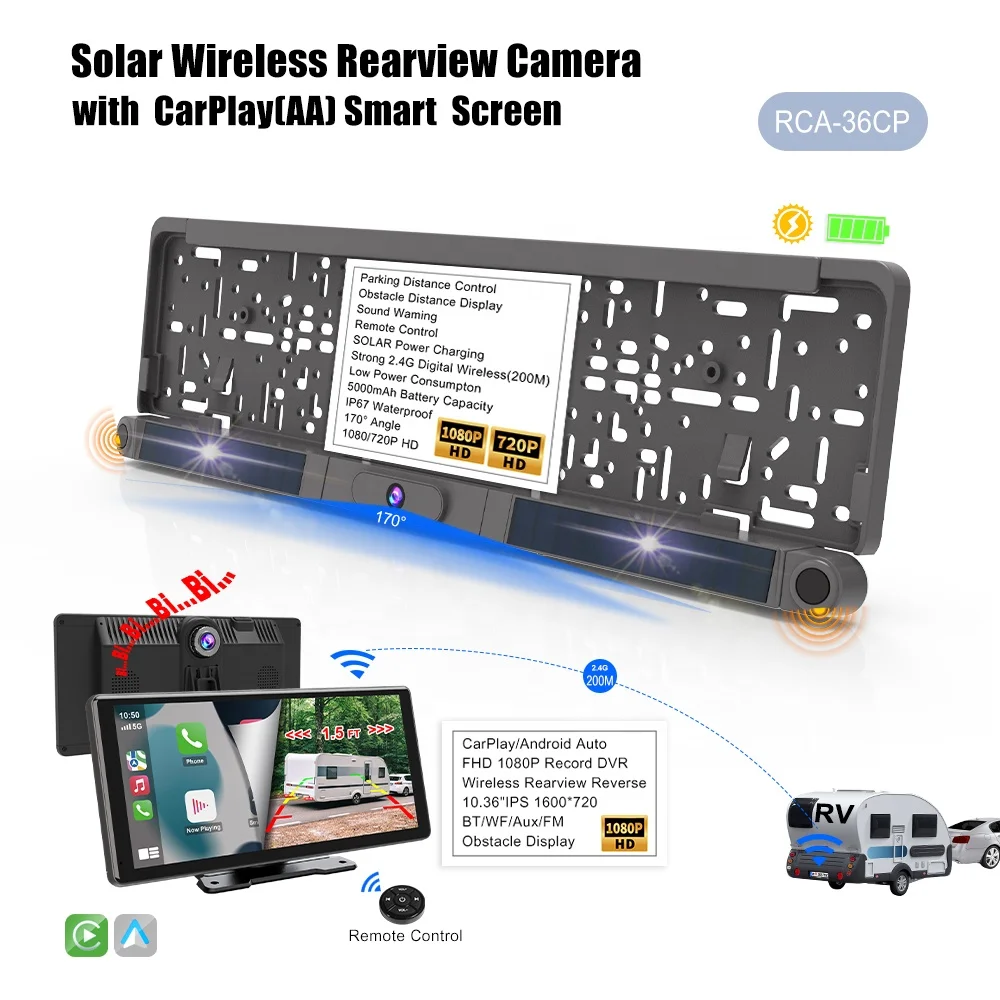 10.36Inch Carplay DVR Solar Rechargeable Battery 2.4G Wireless Rearview Visible Camera Dual Channels With EU License Plate Frame