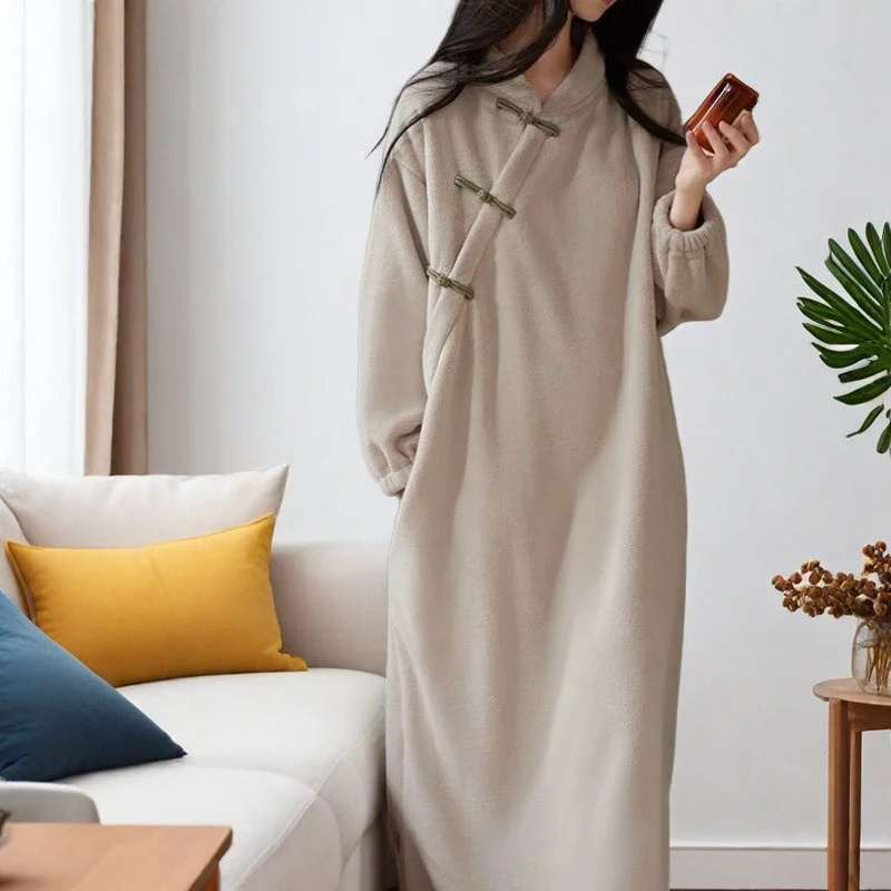 2025年新作-中国風ナイトガウン-レディース-秋冬-ベルベット-暖かいワンピース-中華風パジャマ-ロングドレス-大きいサイズ-ホームウェア