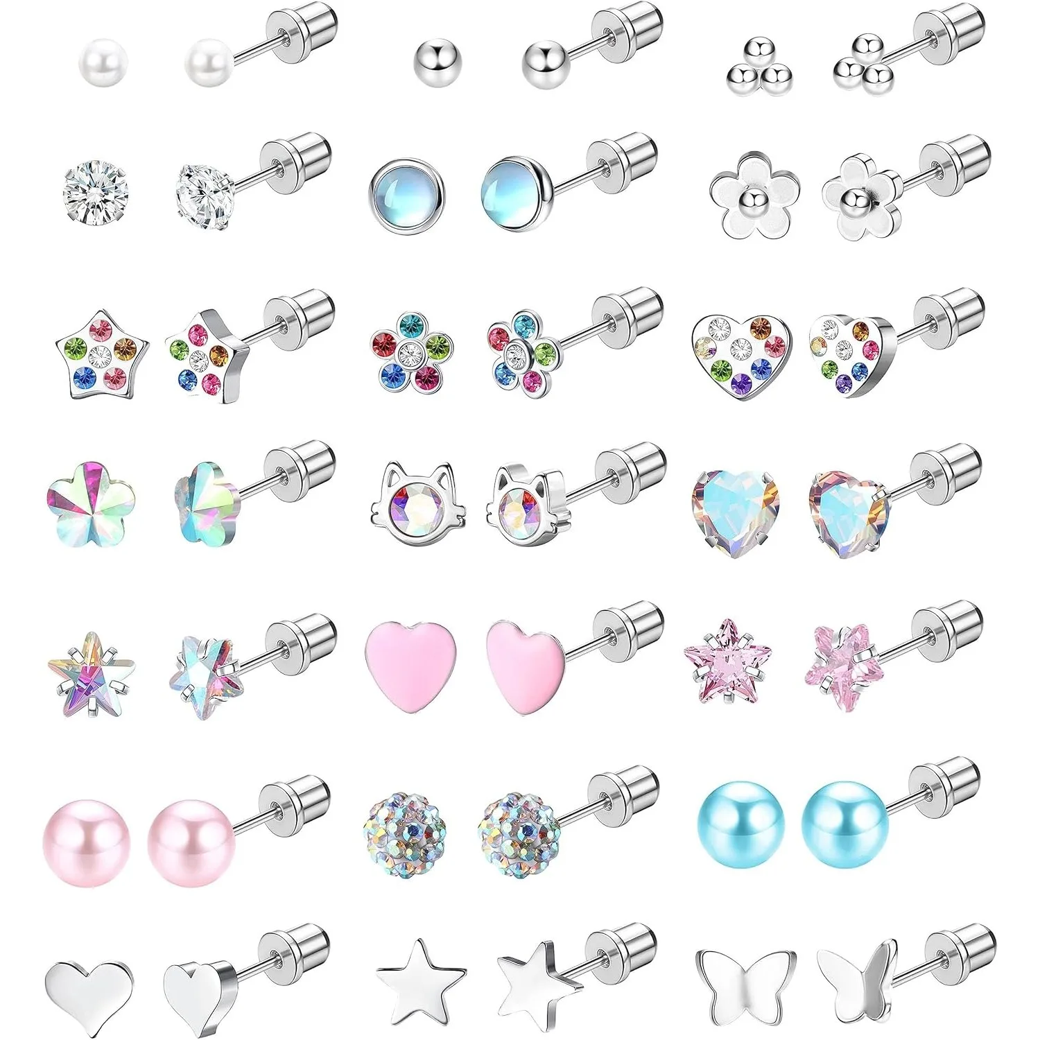 Sonderangebot Ausverkauf 21 Paar Edelstahl-Ohrstecker für Frauen Kleine Perlen Schmetterling Kugel Blume Stern Herz Katze Ohrringe