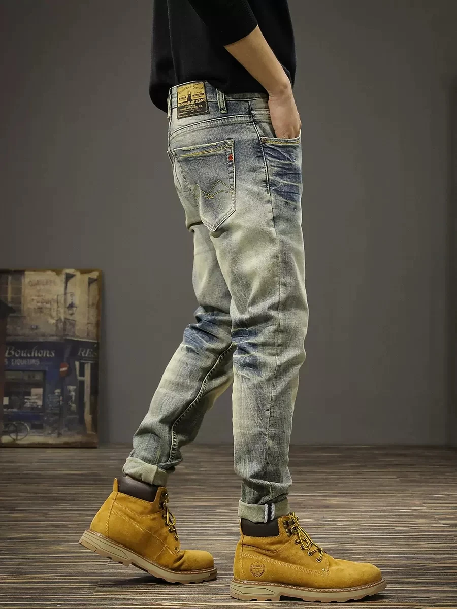 Italian Style Fashion Men Jeans Retro Elastic Slim Fit Ripped Jeans Men Stretch Vintage Trousers Casual Designer Pants Hombre