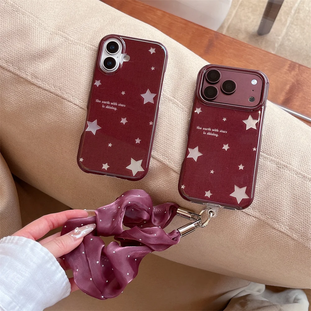 Korea Cute Cartoon Red Star Phone Case for iPhone 18 17 Pro 16 Max 15 16 17 18 Pro Max Shockproof Cases with Wristband Cover