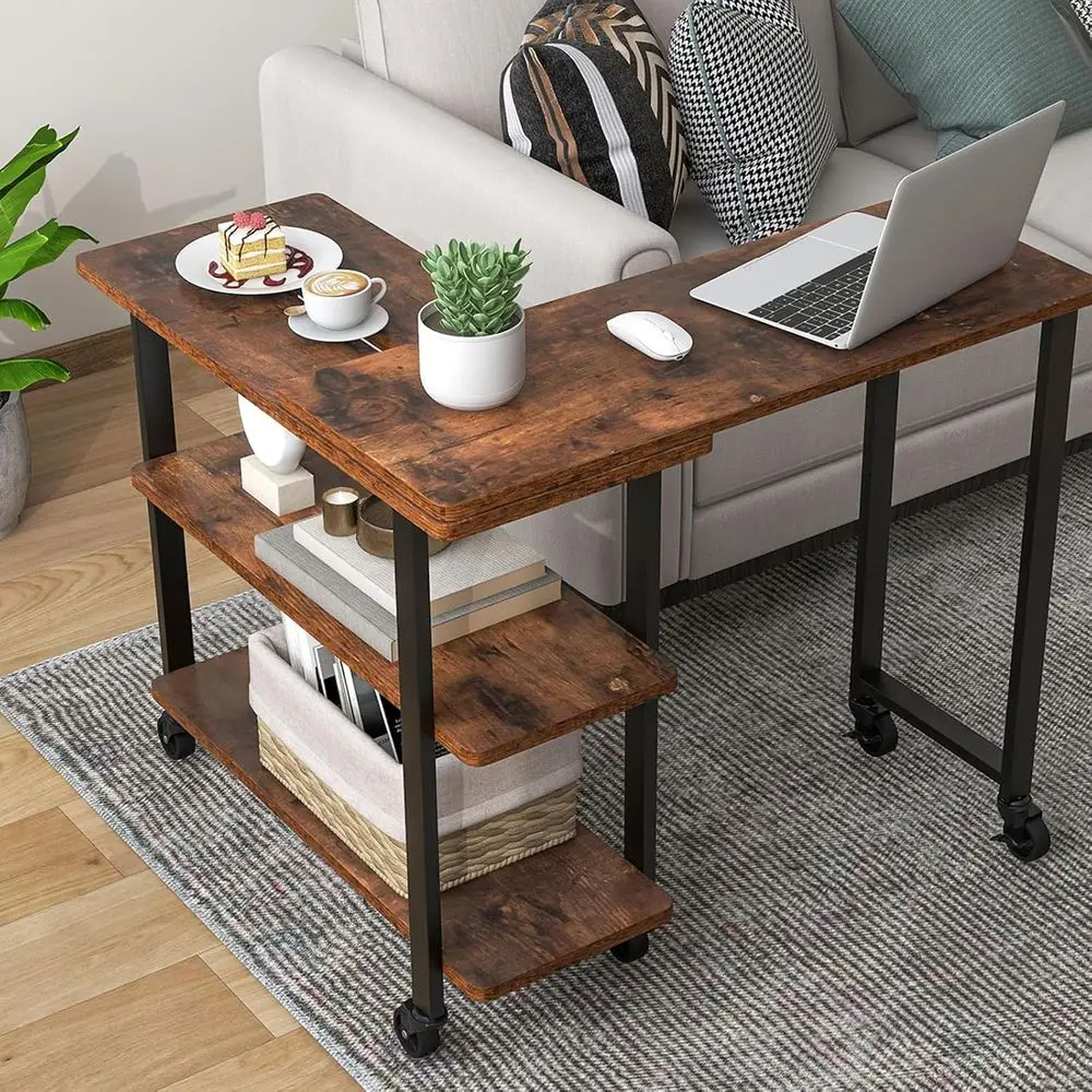 

Rotating 2-Tier Mobile End Table with 6 Casters, Rustic Brown