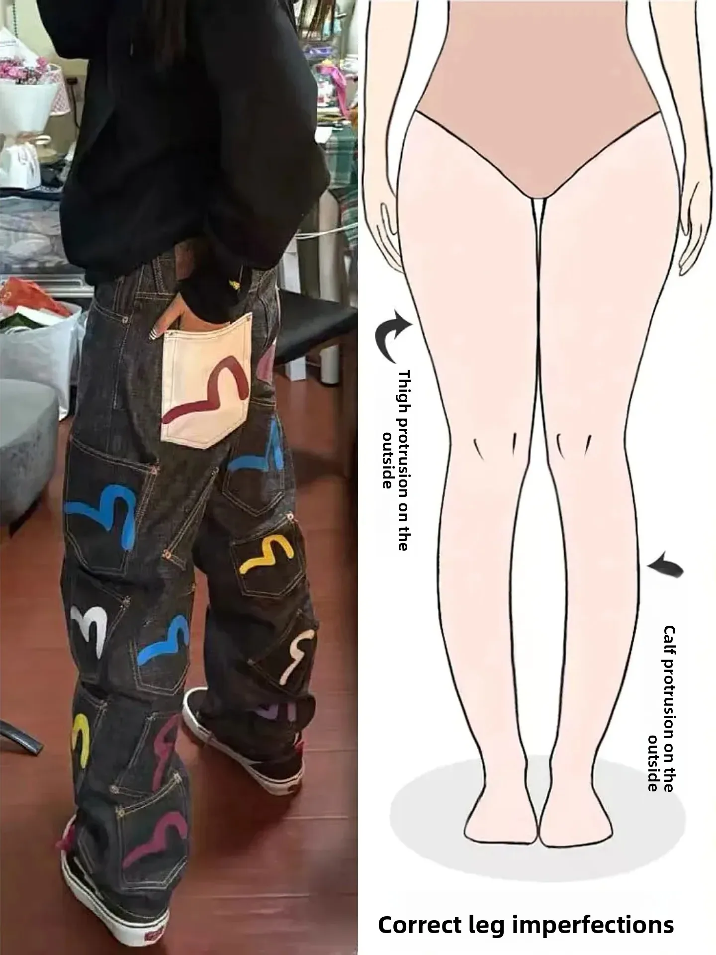 

Ретро джинсы из плотного денима с принтом, женские, осенние, новые, уличный стиль, широкие брюки, для фигуры типа «груша»