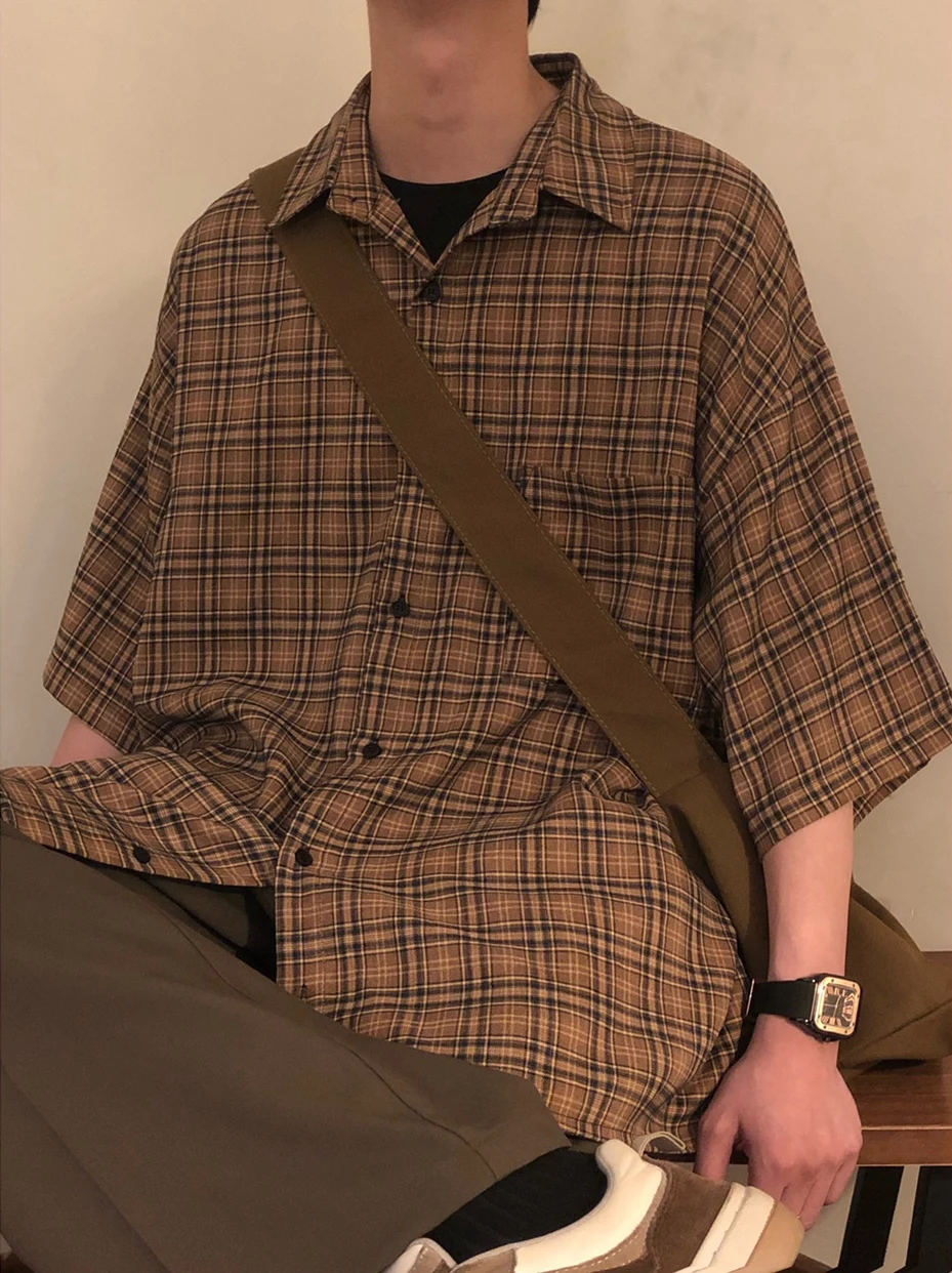 

Летние мужские повседневные свободные клетчатые ort Sve irt y Sle, винтажные японские трендовые молодежные заводские воротники