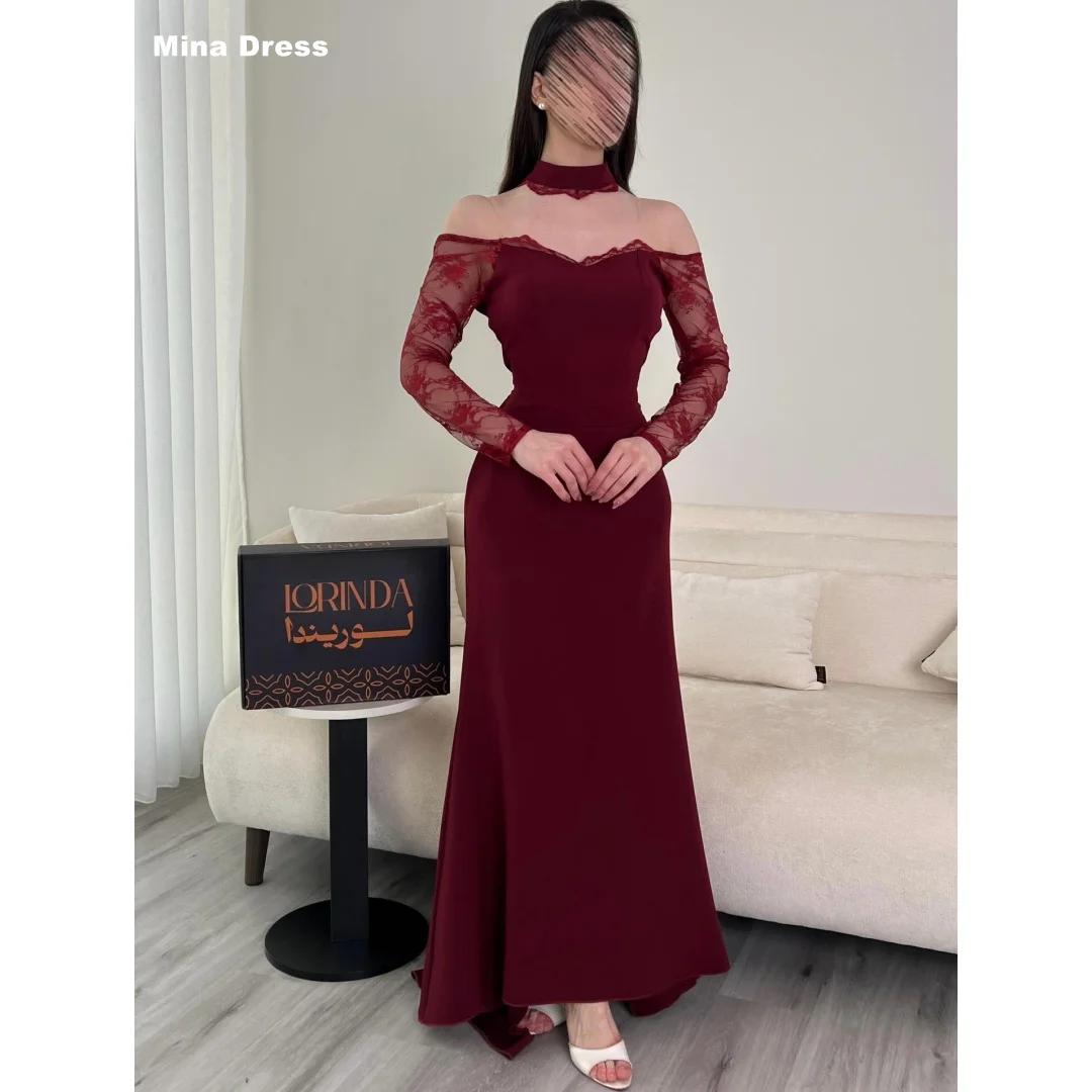 

Mina Customized Red Luxury Women's Elegant Party Dress Lace Luxurious Evening Dresses Brands Off the Shoulders Long Sleeves Prom