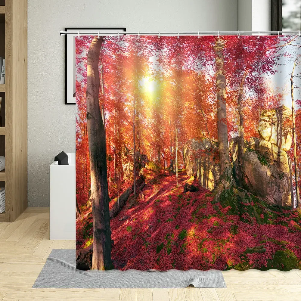 Autumn Red Leaves Nature Forest Landscape Bathroom Decor Screen Waterproof Polyester Fabric Shower Curtain With Hooks Curtains