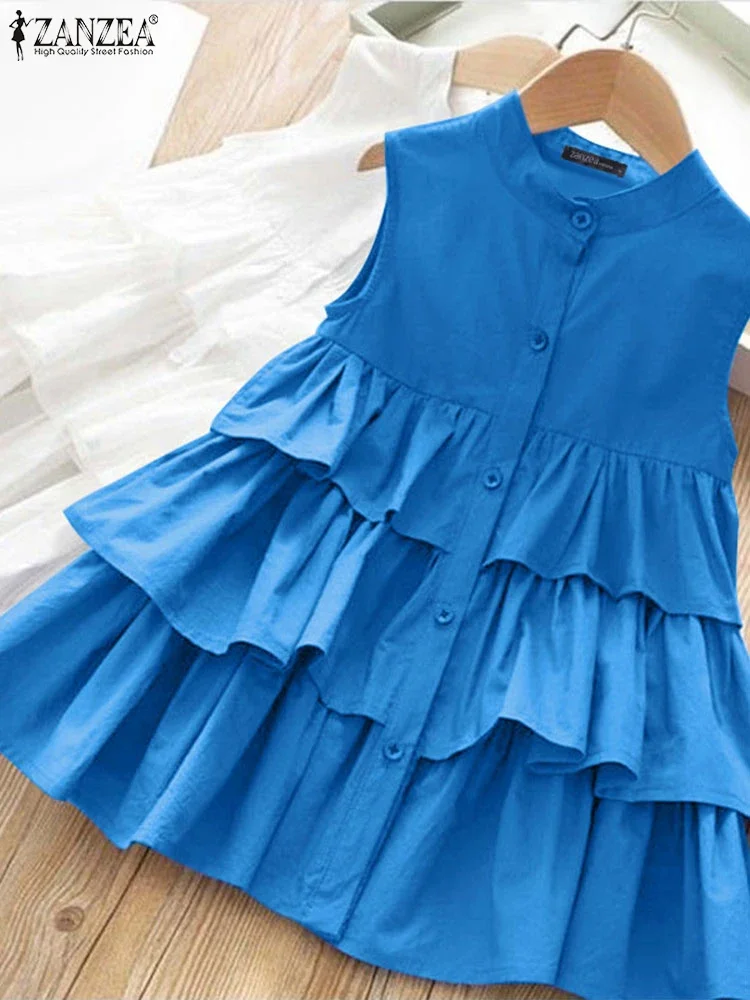 

ZANZEA Elegant Ruffled Shirts Women Sleeveless Sexy Buttons Fashion Blouse 2025 Summer Loose Tops Solid Color Blusas Femininas