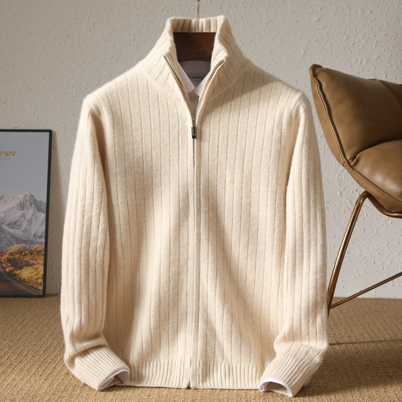 Men 100% Merino Wool Stand-Up Collar Cardigan Casual Knit Business Zipper Coat Autumn Winter Versatile Warm Men Cashmere Jacket