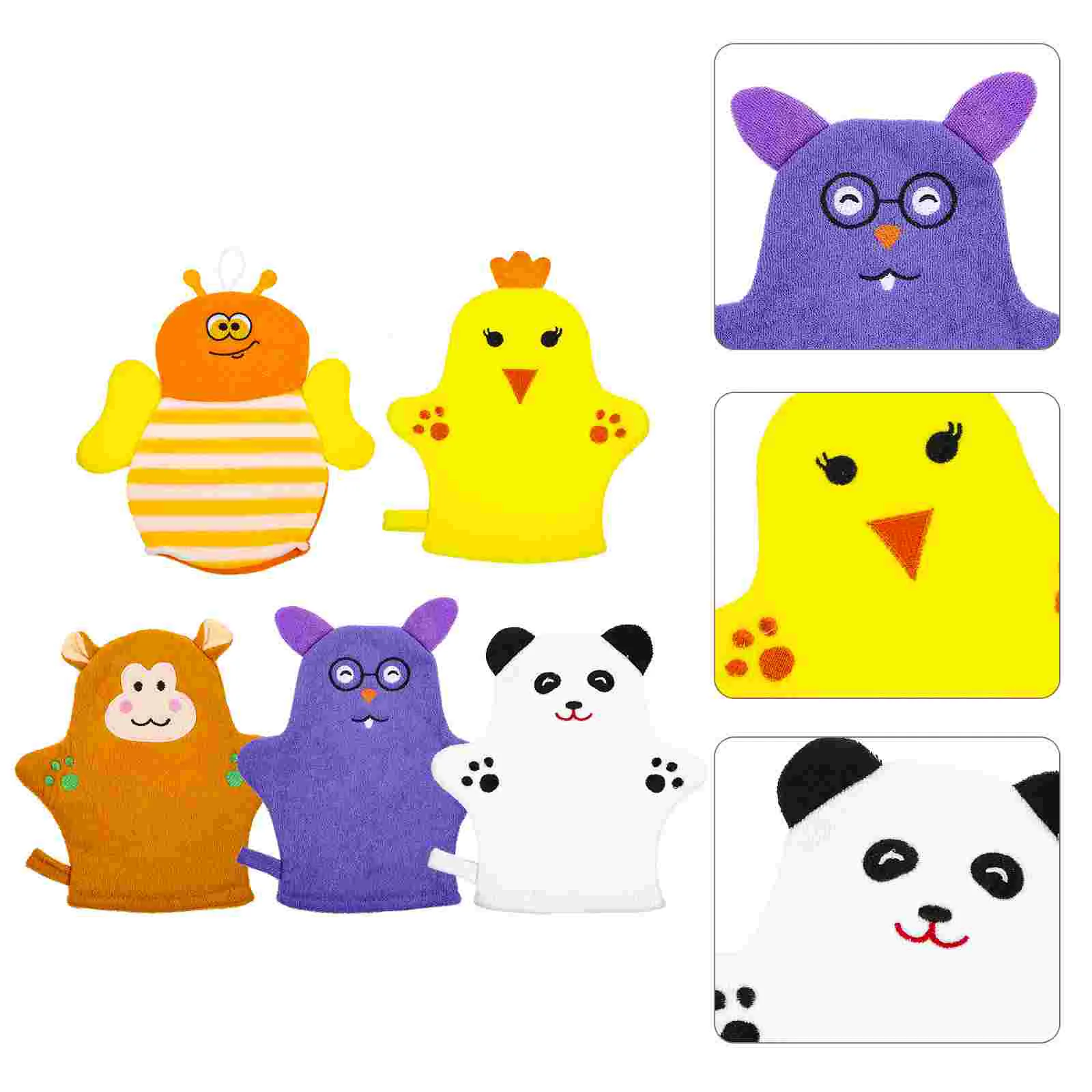 5pcs Adorable Baby Bath Mitt Washcloths Gloves Cartoon Cotton Towel Scrubber Infant Shower Mitt Body Scrubbing Gloves