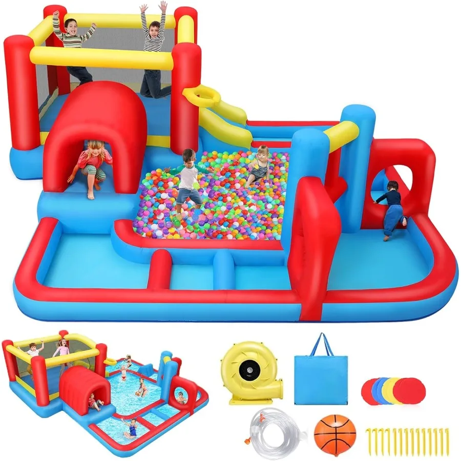インフレータブルバウンスハウス ウォータースライダー 14.3x14.3フィート 迷路ウォーターパーク障害物コース ジャンプエリア付き スプラッシュプール 障害物スライダー パンチング