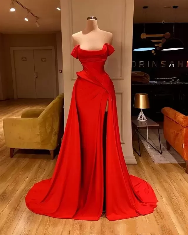 Sexy Arabi Red Mermaid Prom Dresses High Neck Long Sleeves Evening Gown Side Split Formal Party Bridesmaid Dress Custom Made