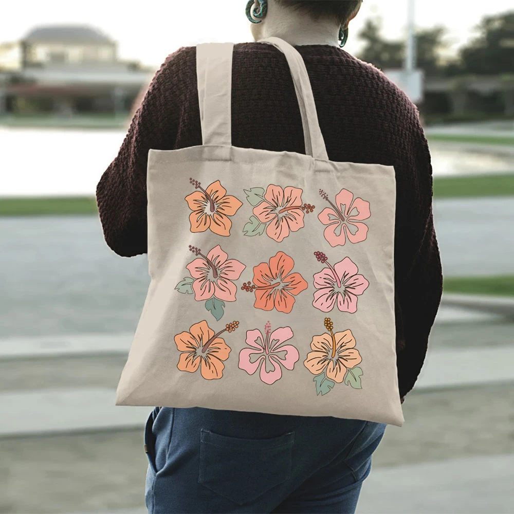 Trendy Retro Aesthetic Floral Hibiscus Print Designs Womens Handbag Coconut Girl Preppy Stuff  Summer Canvas Shopping Tote Bags