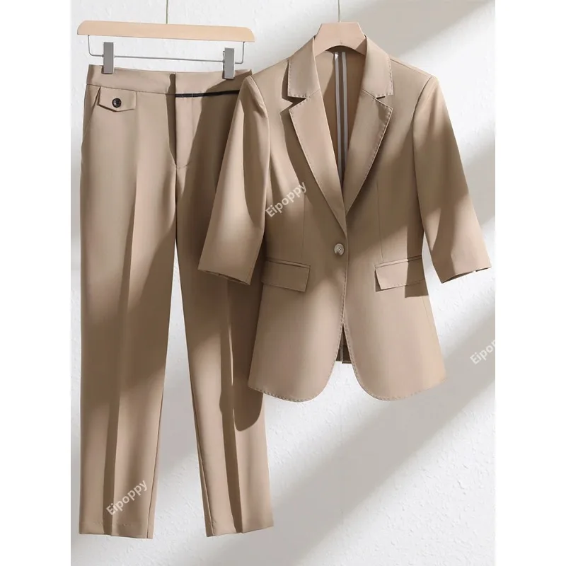 2024 Women Formal Blazer Pants Sets 2 Piece Suit Female Khaki Green Blue Pink Business Work Wear Office Ladies