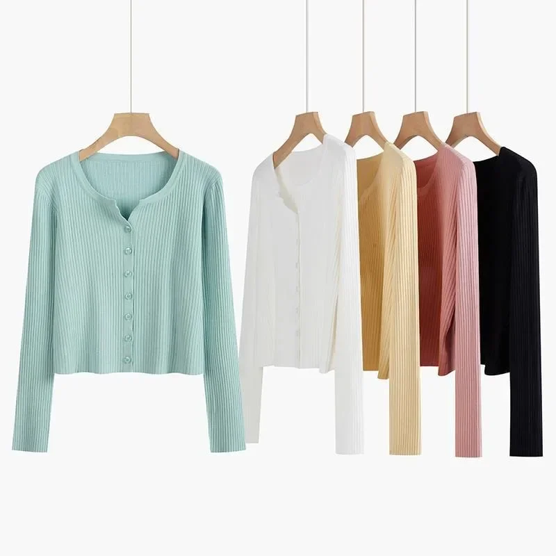 2024 Neck Knitwear Women Thin Spring and Autumn New Long-sleeved Cardigan Coat Short Top