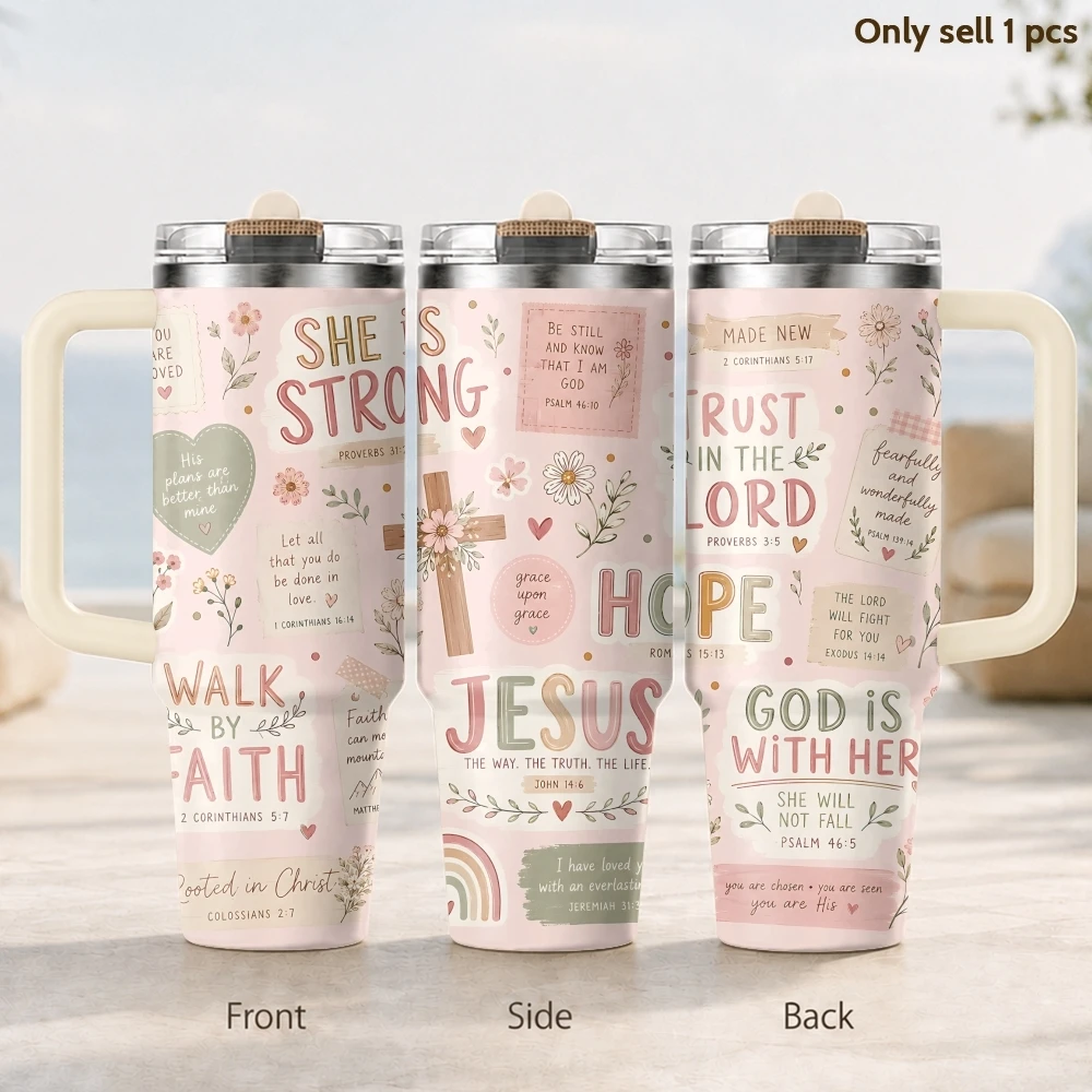 Pink Christian Inspirational Prayer Vacuum Flasks 40oz Thermal Tumbler Handle Stainless Steel Insulated Water Portable Mug Cup