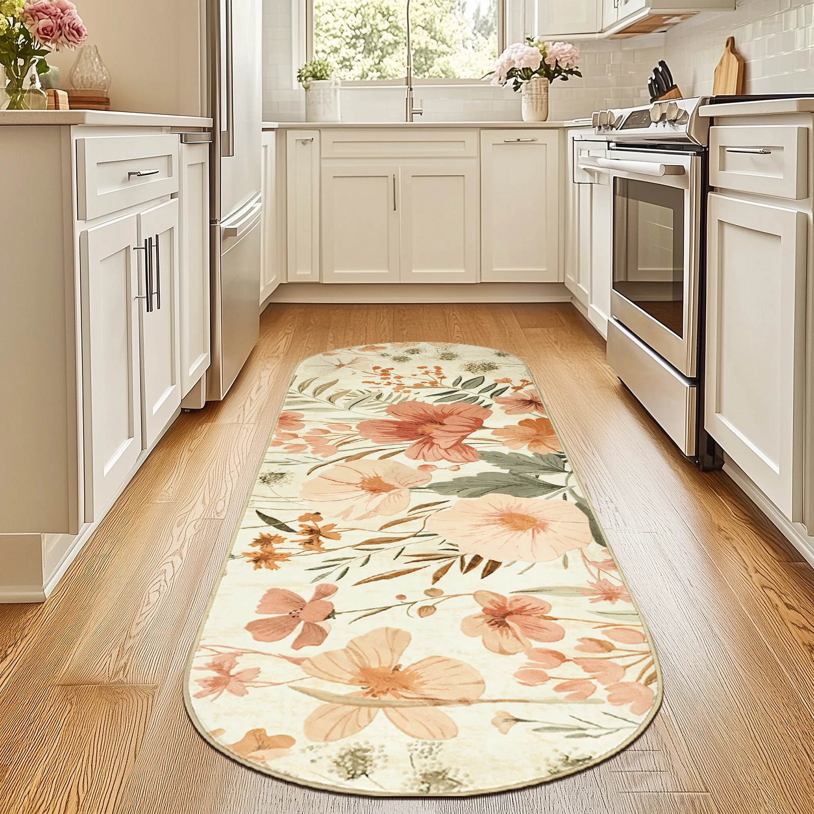 Vintage Floral Oval Runner Rug, Washable Anti-Slip Kitchen Bathroom Floor Mat, Shabby Chic Bedroom Bedside Carpet Custom Size