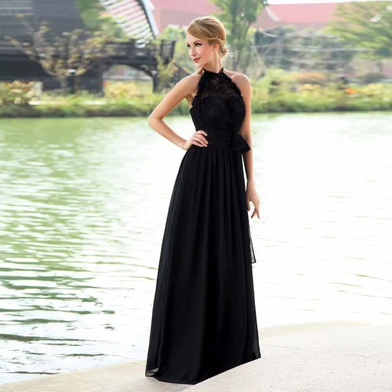 Billige elegante formale schwarze Abendkleider lange rücken freie Neck holder Spitze Chiffon Abschluss ball Brautjungfer Party kleider vestidos de fiesta