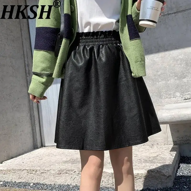 HKSH Women Skirt Vintage Elegant Bud Elastic Waist Fashion Solid Color PU Leather Casual Trendy A-line Slim Short Skirts HK25796
